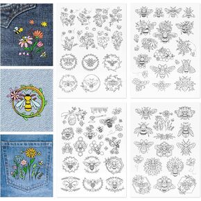 GLOBLELAND 4 Sheets Flower and Bees Pattern Water Soluble Embroidery Hand Sewing Stabilizers for Fabric Stitch Practice Embroidery Stickers Wash Away Stabilizers for Embroidery Beginners Lovers