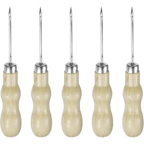 Harfington 5pcs العمل اليدوي خياطة Awl Double Gourd Hollow Awl Leather Host Tool مع خدش مقبض خشبي للأسلاك المكسورة ، قم بإصلاح خياطة الحفر و DIY المصنوع يدويًا ، Log Color