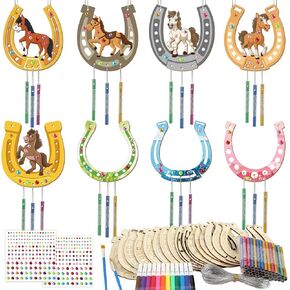 gisgfim 16 Pack Horse Crafts for Kids Wind Chime Kits Make Your Own Horseshoe Wind Chime Ornament Unfinished Wooden DIY Coloring Horse Art Craft for School Home Hanging Decor Birthday Supply Favor