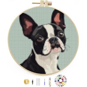 Boston Terrier Dog Stamped Cross Stitch Kits for Beginners with Hoop Simple Patterns 11CT Counted Embroidery Needlepoint Crafts Arts for DIY Enthusiasts and Home Decor 26x26cm
