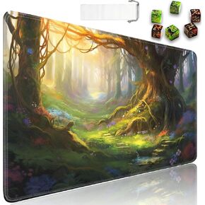 for MTG Playmat + Drawstring Travel Pouch + 6 Dice Counter, for Tabletop Trading Card Game Playmats or Large Mouse Pad, Anti-Slip Rubber 24 x 14 in, Green Forest for TCG Playmat