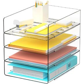 Desk Organizer Stackable Desk Paper Letter Tray Organizer Office Desktop File Paper Holder Book Storage Organization Rack (Clear, 4 x Standard Entry)