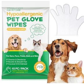 Pet Glove Wipes UNSCENTED for Dogs and Cats No-Rinse, Deodorizing, Grooming Gloves for Paws, Face, Butt, and Legs, Portable Travel-Friendly, Family Stockpile, 10 PCS Hypoallergenic Wipes