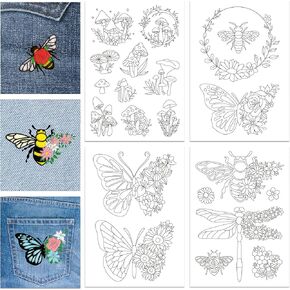 GLOBLELAND 4 Sheets Butterfly Bee Mushroom Water Soluble Stabilizer Hand Sewing Stabilizers with Pre Printed Stick and Stitch Self Adhesive Wash Away Stabilizer for Bags Cloth Embroidery Hand Sewing