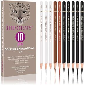 HIFORNY 10 Pieces Colored Charcoal Pencils for drawing- Black White Charcoal Pencils for Sketching,Shading,Blending,Portrait - Ideal for Beginners & Artists