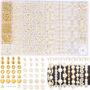 1860pcs Pearl Beads for Jewelry Making, 5 Sizes Round Pearls Bracelet Making Kit, Pearl Beads with Gold Spacer Beads Letter Star Heart Bow Beads for Necklaces Earrings DIY Crafts