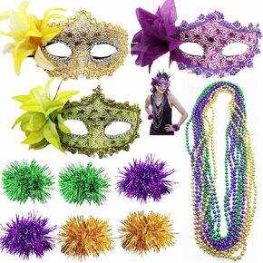 Qiandier 18pcs Mardi Gras أقنعة قلادة حرة سوار ريش المرأة تنكر حزب القناع الذهب الأخضر الأرجواني