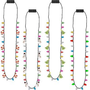 Christmas Necklace, 4Pcs Light Up Christmas Necklace, Glowing Bulb Christmas Tree Santa Candy Cane Necklaces, 3 Modes Colorful Christmas Party Favors, Ugly Xmas New Year Eve Party Supplies Accessories