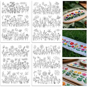 ORIGACH 4 Sheets 12 Pcs Water Soluble Embroidery Patterns Stabilizers - Pre-Printed Wildflowers & Flowering Shrubs Designs - Stick & Stitch Embroidery Paper for Hand Sewing Lovers
