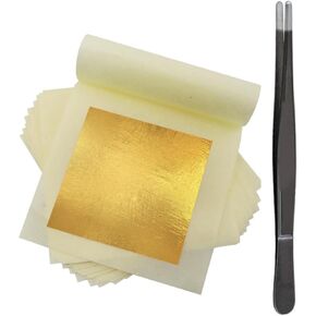 dshyuauoci 10 Sheets Edible Gold Leaf with A Pair of Tweezers, 24k Pure Edible Gold Flakes 3.5×3.5 Inches Food Craft Decoration Perfect for Decorating Cakes Desserts Wine Chocolate
