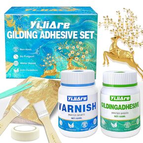 Gold Leaf Gilding Adhesive Kit, Water-Based, 120ml Glue & Varnish, 100pcs Gold Leaf Sheets, Suitable for Art, Craft, Wood, Glass, Ceramics, Home Decor