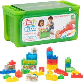Jelly Blox Stash 'N Stack 2-in-1 Storage Case Including 30 Blocks | Toddler & Preschool Building Blocks Kids Can Squeeze & Stretch | Safety Tested & Ouch-Free | Tactile, Sensory Play Toy for Ages 2+