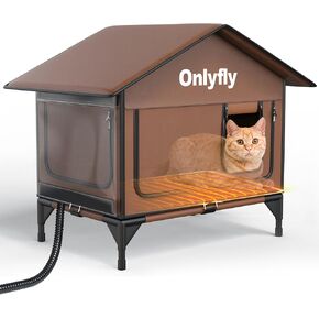 Heated Cat House for Outside: Heated Outdoor Cat House Weatherproof, Elevated Insulated Cat Shelter for Winter with Escape Door for Strays Feral Barn Cats Backyard Farm Porch（Brown）