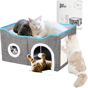Cat House for Indoor Cats – Foldable Cat Bed Cave with Scratch Pad, Fluffy Ball, and Cat Hole – Durable & No Sagging Cat Condo, Cat Hideaway for Multiple Kittens