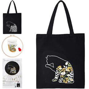 Smart-Feather Cat Embroidery Kit for Beginners Adults, Hand Embroidery Tote Bag Kit with Hoop and Patterns