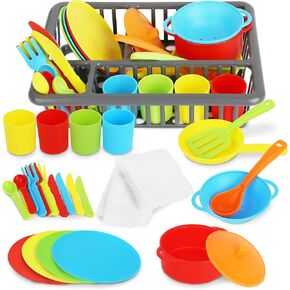 Kids Play Dishes with Drainer - 27PC Tableware & Pretend Kitchen Accessories, Plastic Play Set - Durable and Colourful for Children Ages 3+