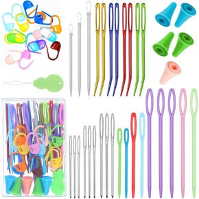50 PCS Assorted Sizes Yarn Needles Set, Bent Tapestry Needle Large Eye Blunt Knitting Needles Weaving Darning Needles Crochet Hooks with Stitch Markers with Storage Box for Knitting Crochet Sewing