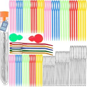 Yarn Needles Set 97 Pcs,Plastic Large-Eye Blunt Needles for Kids,Stainless Steel Yarn Knitting Needles,Crafting Knitting Weaving Stringing Needles,Sewing Needles with Threaders for Crocheting (97)