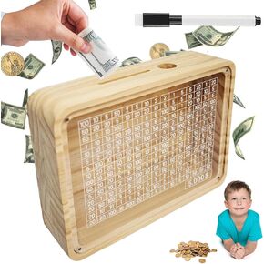Wooden Money Saving Box with Cash Vault, Cashbox Kakeibo Money Box, $5000 Piggy Bank with Counter Coin Challenge Bank for Adults Kids Girls Boys（Target $5000）