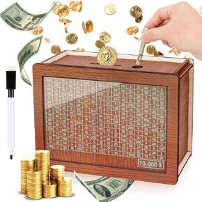 صندوق نقود خشبي مع أموال وأرقام ، مربع نقدي مانح نقدي ، صندوق أموال خشبية ، بنك الخنزير للبالغين ، بنك مع أرقام وضع علامة على الأطفال والبالغين (10000 دولار)