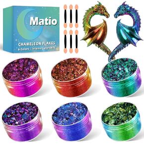 Matio Chameleon Flakes,6 Colors Intense Color Shift Pigment Powder Resin Supplies,Metallic Mirror Effect Chrome Powder for Halloween Dragon Resin Mold,Christmas Nail Art,Tumblers,Paint, Soap Making