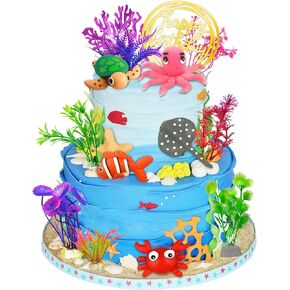 16 PCS Sea Ocean Cake Toppers Under the Sea Ocean Animals Decortings Cake Cake for Sea Ocean موضوع استحمام الطفل اللوازم حفلة عيد ميلاد (المحيط)
