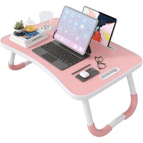 Monomi Folding Lap Desk, 23.6 Inch Portable Wood Laptop Bed Desk Lap Desk with Cup Holder, for Working Reading Writing, Eating, Watching Movies for Bed Sofa Couch Floor (Pink)