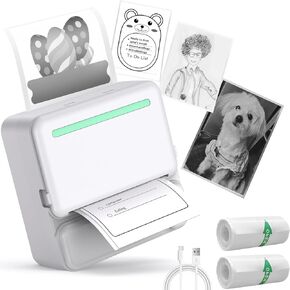 Mini Thermal Printer Bluetooth Pocket Printer Portable Inkless Sticker Printer for Notes/Lists/Label/Memo/Scrapbook, Photos Compatible with iPhone iOS & Android or Tablet (with 2 Roll Paper)
