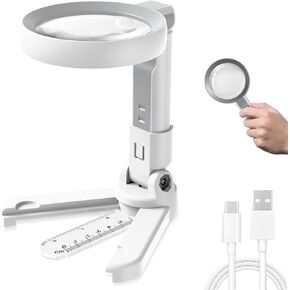 5X 10X Magnifying Glass with Light and Stand, Foldable Hands-Free Magnifying Glasses with 18 LED Illumination for Close Work, Coins, Jewelry, Reading for Seniors, Macular Degeneration aids