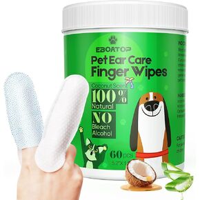 Ear Cleaner Finger Wipes 60 Counts - Ear Finger Wipes for Dogs and Cats - Remove Ear Wax & Dirt - Ease Itching and Inflammation, All Natural Ingredients, Mild Coconut Scent