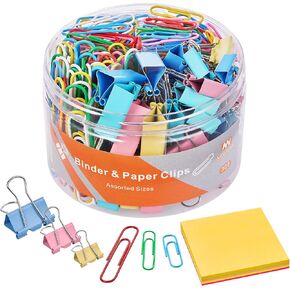 300pcs Paper Clips and Binder Clips Assorted Sizes with 100 Sheets Sticky Notes, Colored Paper Clips Set for Home, Office Supplies