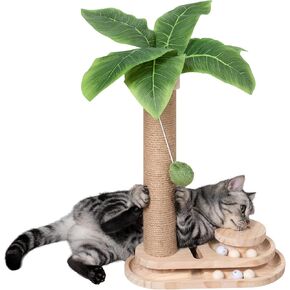 MEOWOOU Cat Scratching Post Cat Toys for Indoor Cats Cat Scratcher Kitten Toys 17.7in Scratch Post for Indoor Cats with Track Base & Balls Dangling Ball