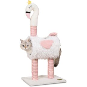 Cute Flamingo Cat Scratching Post for Indoor Cats, Soft Plush Fabric & Natural sisal Climbing Cat Tower with Dangling Bell Ball – Interactive Cat Toy for Kittens and Small Cats