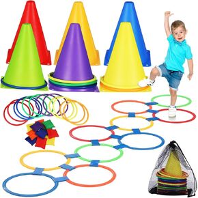 LIBIMA 2 مجموعات 55 PCS مجموعة ألعاب الكرنفال ، لعبة Hopscotch Ring Game 10 حلقات بلاستيكية متعددة الألوان و 15 موصلًا للأولاد للبالغين ، ساحة عيد ميلاد العائلة الداخلية في الهواء الطلق في الهواء الطلق
