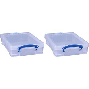 Really Useful Box 4 Liter Plastic Stackable Storage Container w/Snap Lid & Built-In Clip Lock Handles for Home & Office Organization, Clear (4 Pack)