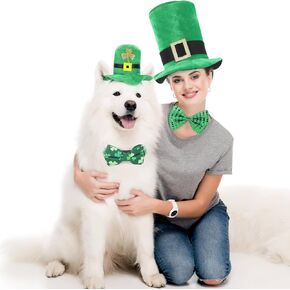 4 Pcs St. Patrick's Day Dog Costumer Set Matching Dog and Owner Hat Green Top Hat Bow Ties, St. Patrick's Dog Outfit for Saint Patrick's Day Party