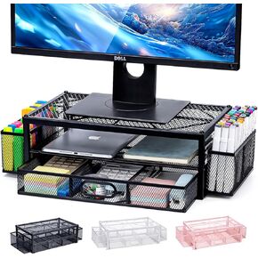 2-Tier Monitor Stand for Desk, Metal Computer Monitor Riser with Drawer and 2 Pen Holders, Laptop Riser Mesh Desk Organizer for Home Office Supplies Desktop Accessories, Black