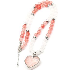 ElisaJewelryArt - Natural Heart Pink Quartz Pendant Necklace Cherry Quartz And Selenite Beaded Necklace Genuine Gemstone Love Stone Clasp Closure Hematite Necklace Unisex Necklace (22, Cherry Quartz)