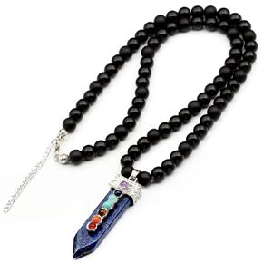 ElisaJewelryArt - Natural Lapis Lazuli Healing 7 Chakra Pendant Necklace Black Onyx Beaded Necklace Genuine Gemstone Royalty Stone Clasp Closure Necklace Unisex Necklace (22, Lapis Lazuli)