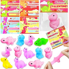 28 Pack Valentines Animals Mochi Squishies with Valentines Cards Classroom Valentine's Day Gifts for Kids Boys Prefilled Kawaii Dinosaur Stress Relief Squeeze Fidget Toys Exchange Favor Prizes School