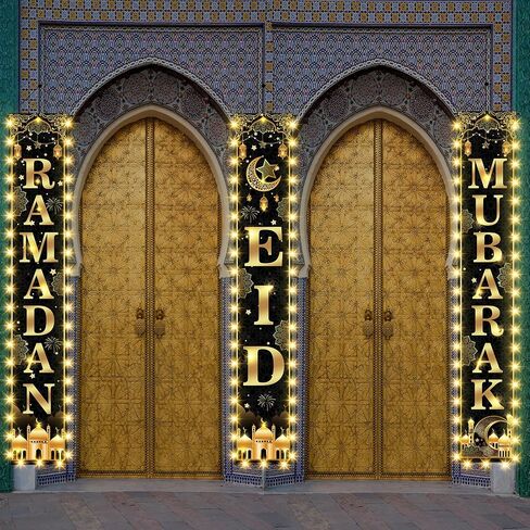 2 في 1 رمضان عيد مبارك من الأبواب لافتة الأضواء ، ورمضان الذهب الأسود ، وزينة العيد للمنزل ، ورمضان باب لافتة رمضان للمنزل. in Kuwait