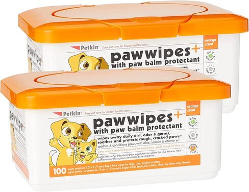 Petkin Paw Wipes Plus ، 200 مناديل معطرة برتقالية ، 2 حزمة - مناديل Pet Pet oussorbbent إزالة الأوساخ اليومية والروائح - المخصب مع Paw Balm Protrayant - سليمة لاستخدام مناديل الحيوانات الأليفة للكلاب والقطط والجرى والسيتينس in Kuwait