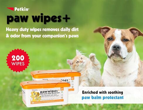 Petkin Paw Wipes Plus ، 200 مناديل معطرة برتقالية ، 2 حزمة - مناديل Pet Pet oussorbbent إزالة الأوساخ اليومية والروائح - المخصب مع Paw Balm Protrayant - سليمة لاستخدام مناديل الحيوانات الأليفة للكلاب والقطط والجرى والسيتينس in Kuwait