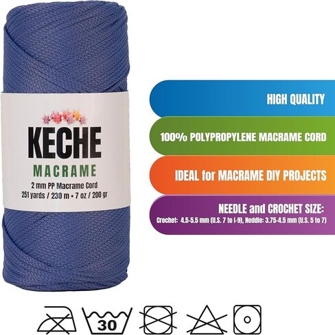 Macrame Cord | Macrame Supplies 2mm polyester Macrame Rope Yarn for Table Runner Wall Plant معلق 251 ياردة - الأزرق البحري in Kuwait