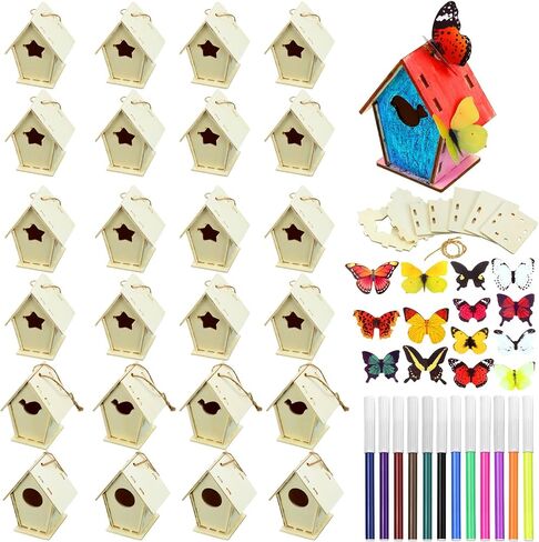 Outus 24 Pcs Wooden Birdhouse Craft Kits for Kids to Build, 4 Shapes Birdhouse Kit Wooden Unfinished with Watercolor Pen and Butterfly Sticker for Boy Girl Arts Crafts (Vintage,3.54 x 2.2 x 4.2 inch) in Saudi Arabia