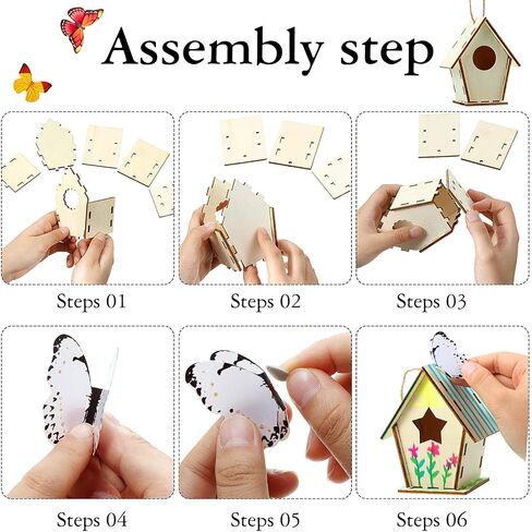 Outus 24 Pcs Wooden Birdhouse Craft Kits for Kids to Build, 4 Shapes Birdhouse Kit Wooden Unfinished with Watercolor Pen and Butterfly Sticker for Boy Girl Arts Crafts (Vintage,3.54 x 2.2 x 4.2 inch) in Saudi Arabia