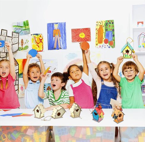 Outus 24 Pcs Wooden Birdhouse Craft Kits for Kids to Build, 4 Shapes Birdhouse Kit Wooden Unfinished with Watercolor Pen and Butterfly Sticker for Boy Girl Arts Crafts (Vintage,3.54 x 2.2 x 4.2 inch) in Saudi Arabia