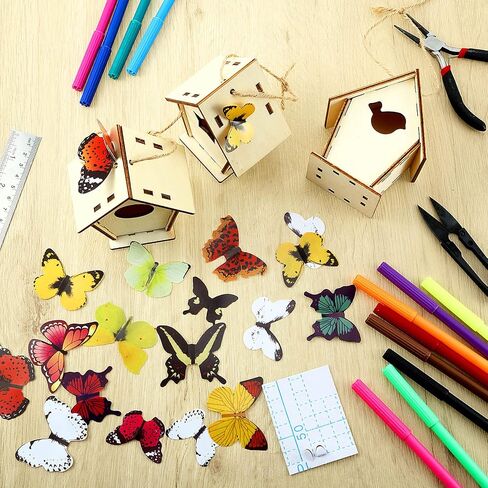 Outus 24 Pcs Wooden Birdhouse Craft Kits for Kids to Build, 4 Shapes Birdhouse Kit Wooden Unfinished with Watercolor Pen and Butterfly Sticker for Boy Girl Arts Crafts (Vintage,3.54 x 2.2 x 4.2 inch) in Saudi Arabia