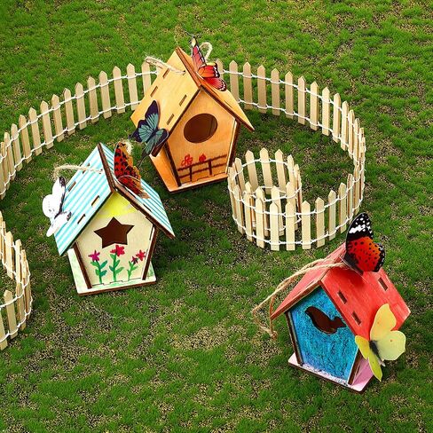 Outus 24 Pcs Wooden Birdhouse Craft Kits for Kids to Build, 4 Shapes Birdhouse Kit Wooden Unfinished with Watercolor Pen and Butterfly Sticker for Boy Girl Arts Crafts (Vintage,3.54 x 2.2 x 4.2 inch) in Saudi Arabia
