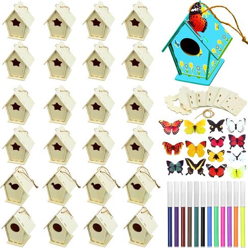 Outus 24 Pcs Wooden Birdhouse Craft Kits for Kids to Build, 4 Shapes Birdhouse Kit Wooden Unfinished with Watercolor Pen and Butterfly Sticker for Boy Girl Arts Crafts (Vintage,3.54 x 2.2 x 4.2 inch) in Saudi Arabia